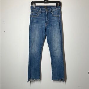 MOTHER Blue Denim Cropped Jeans with Frayed Hem